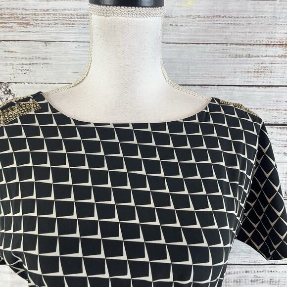 AX Armani Exchange Dress size 0 Black Ivory Gold Studs Stretch Dinner Cocktails - Picture 3 of 10